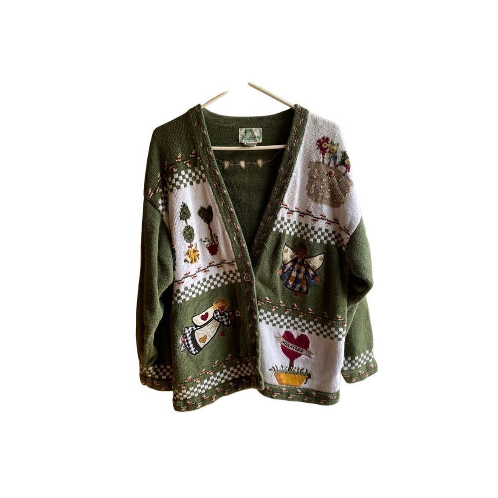 Quacker factory vintage green cardigan, sweater, angel miracle heart L